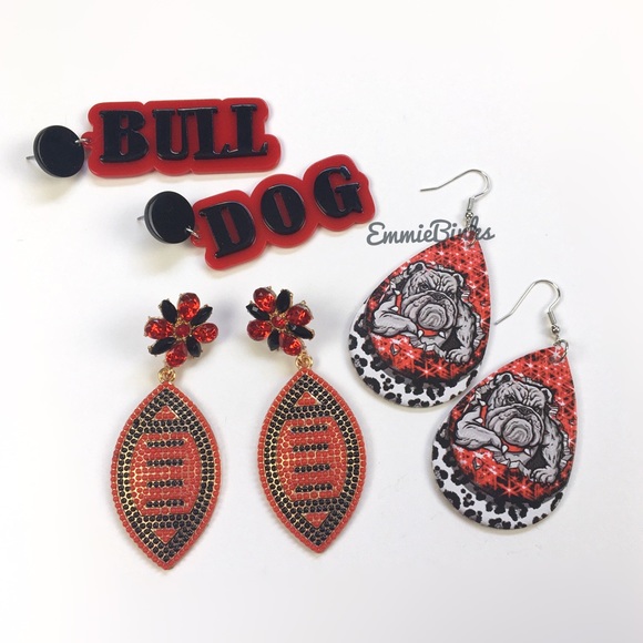 New Red & Black Rhinestone Football Drop Dangle Earrings - Picture 10 of 12